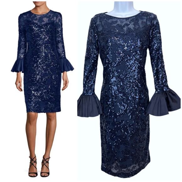 Rickie Freeman for Teri Jon Navy Sequined lace bell sleeve Dress - Picture 1 of 14
